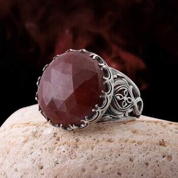 Yakut Yüzük El İşçiliği Hilal Motifli 925 Ayar Gümüş Fasetli - Osmanlı Pazar