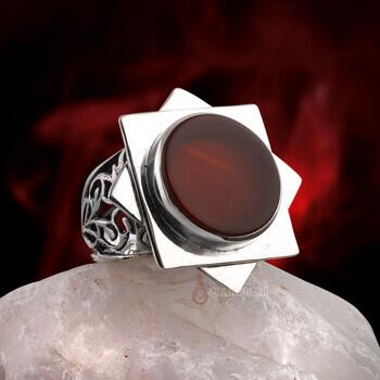 Yassı Akik Taşı 925 Ayar Gümüş El İşçiliği Sekizgen Tasarım Hanedan Yüzüğü - Osmanlı Pazar