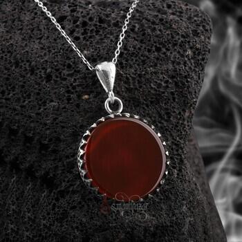 Yassı Kızıl Akik Taşı Yuvarlak Kesim 925 Ayar Gümüş Kolye - Osmanlı Pazar