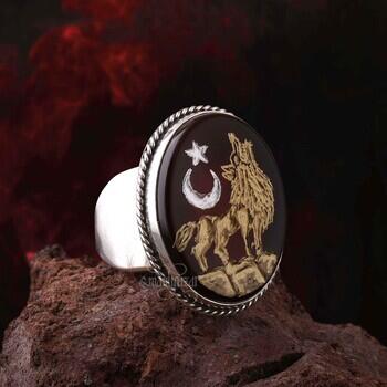 Yemen Akik Taşı Elde Kazıma Bozkurt ve Ayyıldız 925 Ayar Gümüş Yüzük - Osmanlı Pazar