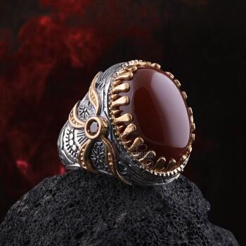 Yemen Akik Taşlı Detaylı Özel Tasarım Gümüş Yüzük - Osmanlı Pazar