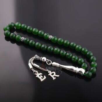 Yeşil Akik Doğal Taşlı Kişiye Özel Harf Gümüş Püsküllü Tesbih - Osmanlı Pazar