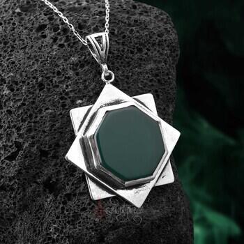 Yeşil Akik Taşı 8 Köşe Selçuklu Yıldızı 925 Ayar Gümüş Kolye - Osmanlı Pazar