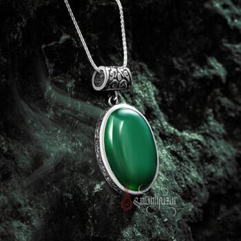Yeşil Akik Taşı 925 Ayar Gümüş Kalem İşçiliği Kolye - Osmanlı Pazar