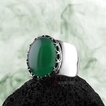 Yeşil Akik Taşı 925 Ayar Gümüş Kenarları Hilal Motifi Sade Kasa Yüzük - Osmanlı Pazar