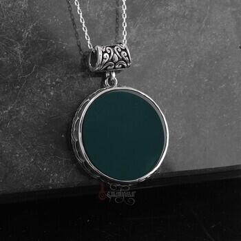 Yeşil Akik Taşı 925 Ayar Gümüş Kolye El İşçiliği Yuvarlak Tasarım Kolye - Osmanlı Pazar