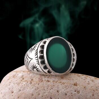 Yeşil Akik Taşı 925 Ayar Gümüş Tamamı El İşçiliği Usta Yapımı - Osmanlı Pazar