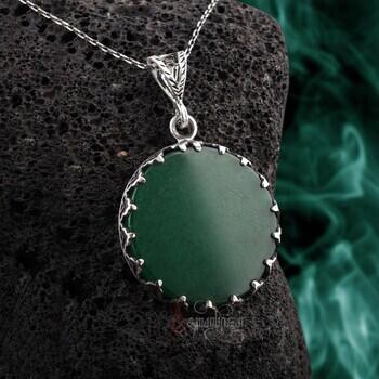 Yeşil Akik Taşı 925 Ayar Gümüş Yuvarlak Kesim Kolye - Osmanlı Pazar
