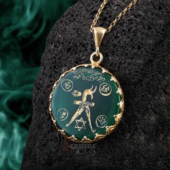 Yeşil Akik Taşı Barbaros Hayrettin Paşa'nın Sancağı Altın Kaplama Gümüş Kolye - Osmanlı Pazar