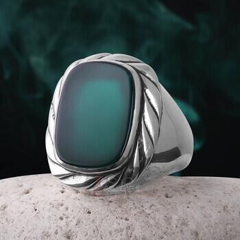 Yeşil Akik Taşı Burgu Motifli Şık Gümüş Yüzük - Osmanlı Pazar