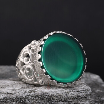 Yeşil Akik Taşı El İşi Gümüş Yüzük - Osmanlı Pazar