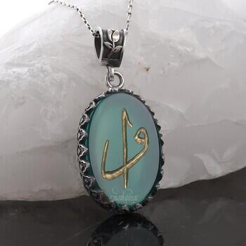 Yeşil Akik Taşı Elif ve Vav Harfi El Yazılı 925 Ayar Gümüş Kolye - Osmanlı Pazar