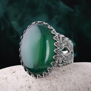 Yeşil Akik Taşı Gümüş 925 Ayar Özel Tasarım Yüzük - Osmanlı Pazar