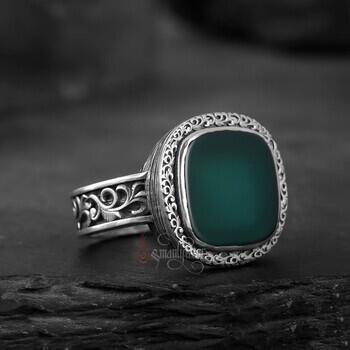 Yeşil Akik Taşı Kalem İşçilikli Minimal Gümüş Yüzük - Osmanlı Pazar