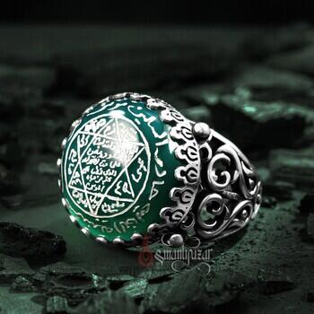 Yeşil Akik Taşı Mührü Süleyman 925 Ayar Gümüş Yüzük - Osmanlı Pazar