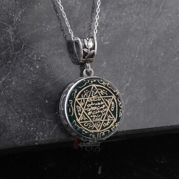 Yeşil Akik Taşı Mührü Süleyman Lale Motifli 925 Ayar Gümüş Kolye - Osmanlı Pazar