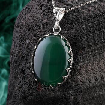 Yeşil Akik Taşı Oval Kesim El İşçiliği 925 Ayar Gümüş Kolye - Osmanlı Pazar