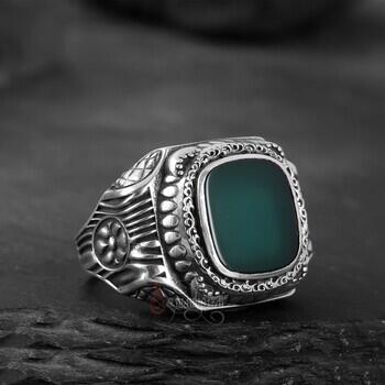 Yeşil Akik Taşı Retro Tasarım 925 Ayar Gümüş Yüzük - Osmanlı Pazar