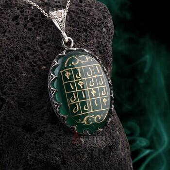 Yeşil Akik Taşı Şifa Vefki 925 Ayar Gümüş Kolye - Osmanlı Pazar