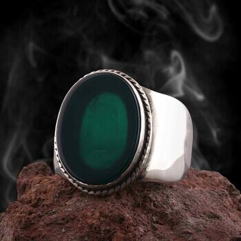 Yeşil Akik Taşlı 925 Ayar Gümüş Burma İşçilikli Sade Model Yüzük - Osmanlı Pazar