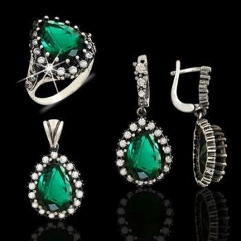 Yeşil Taşlı Küpe Kolye Yüzük Gümüş Üçlü Set - Osmanlı Pazar