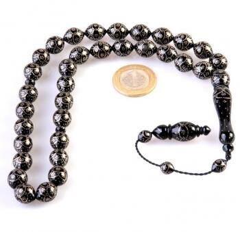 Yüsur Tesbih / Siyah Mercan Tesbih Gümüş İşlemeli - Osmanlı Pazar