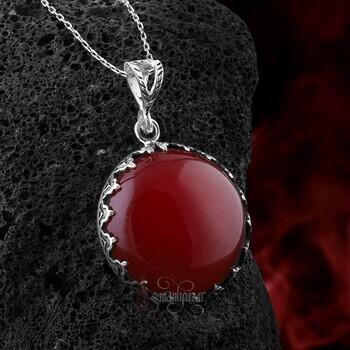 Yuvarlak Model Doğal Kızıl Akik Taşı 925 Ayar Gümüş İşçilikli Kolye - Osmanlı Pazar