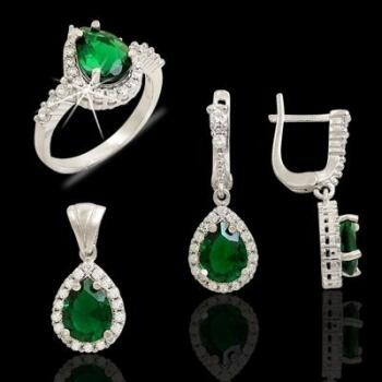 Zümrüt Yeşili Küpe Kolye Yüzük Gümüş Üçlü Set - Osmanlı Pazar